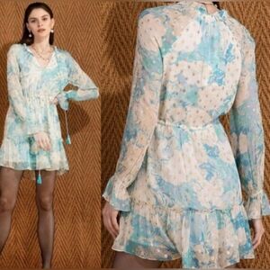 Anthropologie Hemant & Nandita Blue Floral Georgette Metallic Mini Dress Size M